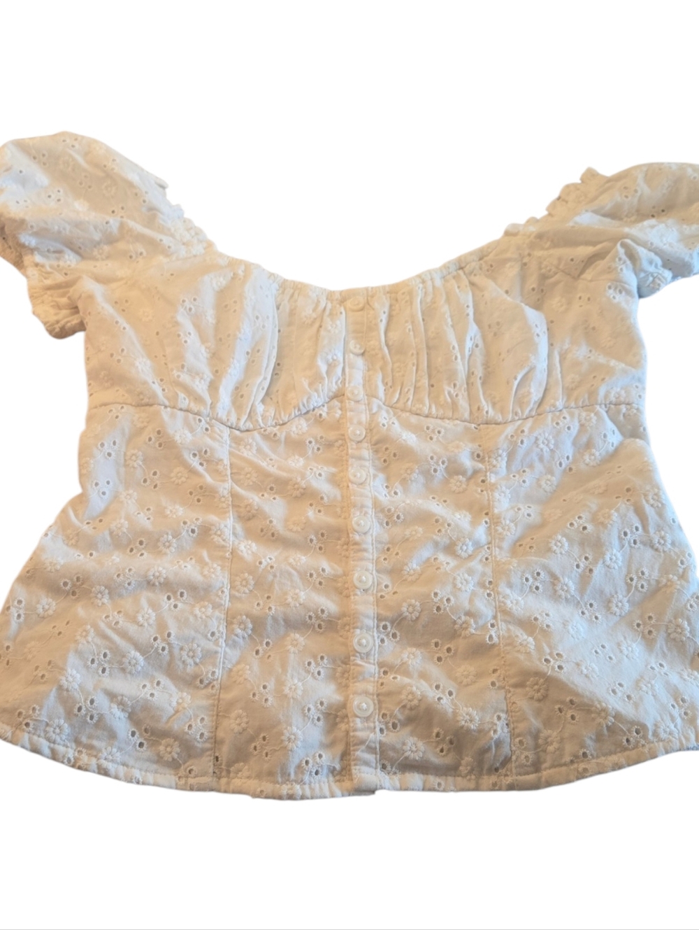 Hollister White Eyelet Puff-Sleeve Button Front Top Size XS